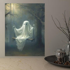 Halloween Canvas Poster Modern Art Ghost On The Swing Little Ghost Spooky Poster