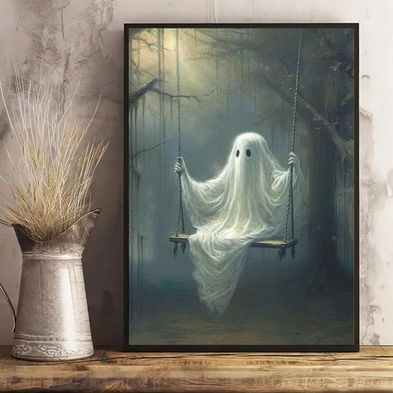 Halloween Canvas Poster Modern Art Ghost On The Swing Little Ghost Spooky Poster