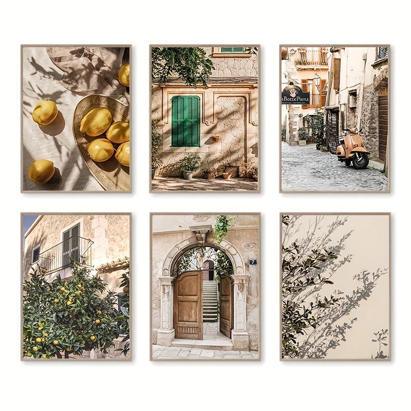 6pcs Lemon Orange Canvas Painting Italian Town Garden Plants The Tree Travel Pos