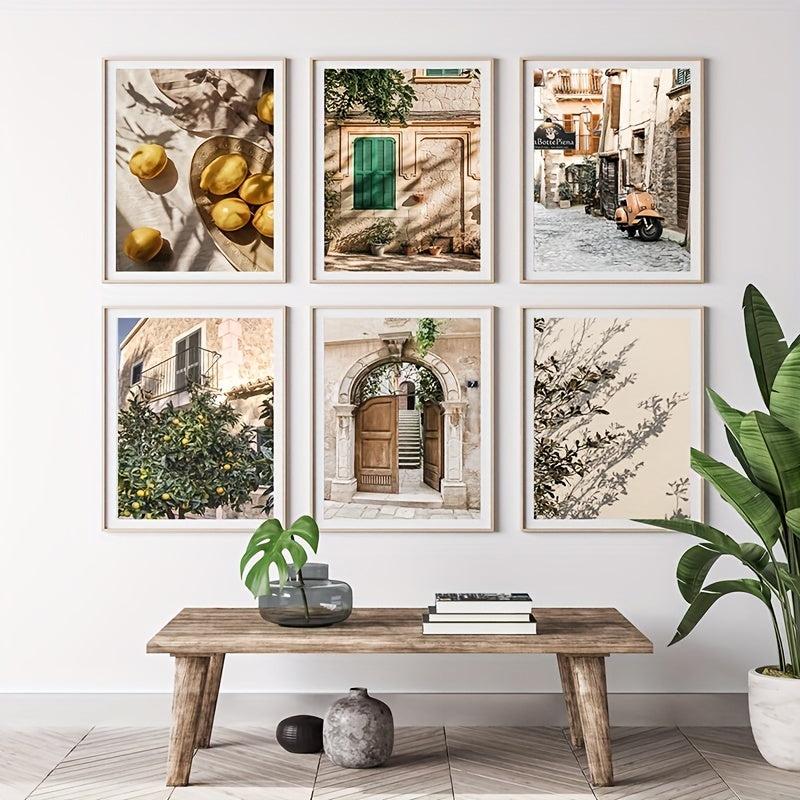 6pcs Lemon Orange Canvas Painting Italian Town Garden Plants The Tree Travel Pos