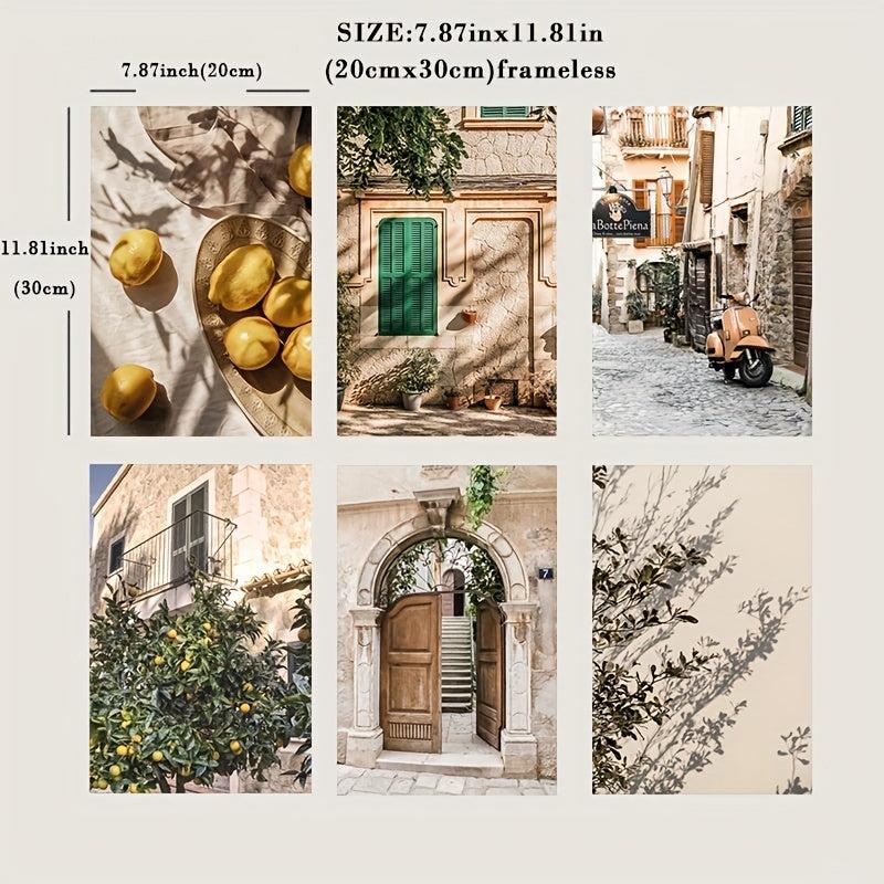 6pcs Lemon Orange Canvas Painting Italian Town Garden Plants The Tree Travel Pos