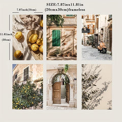 6pcs Lemon Orange Canvas Painting Italian Town Garden Plants The Tree Travel Pos
