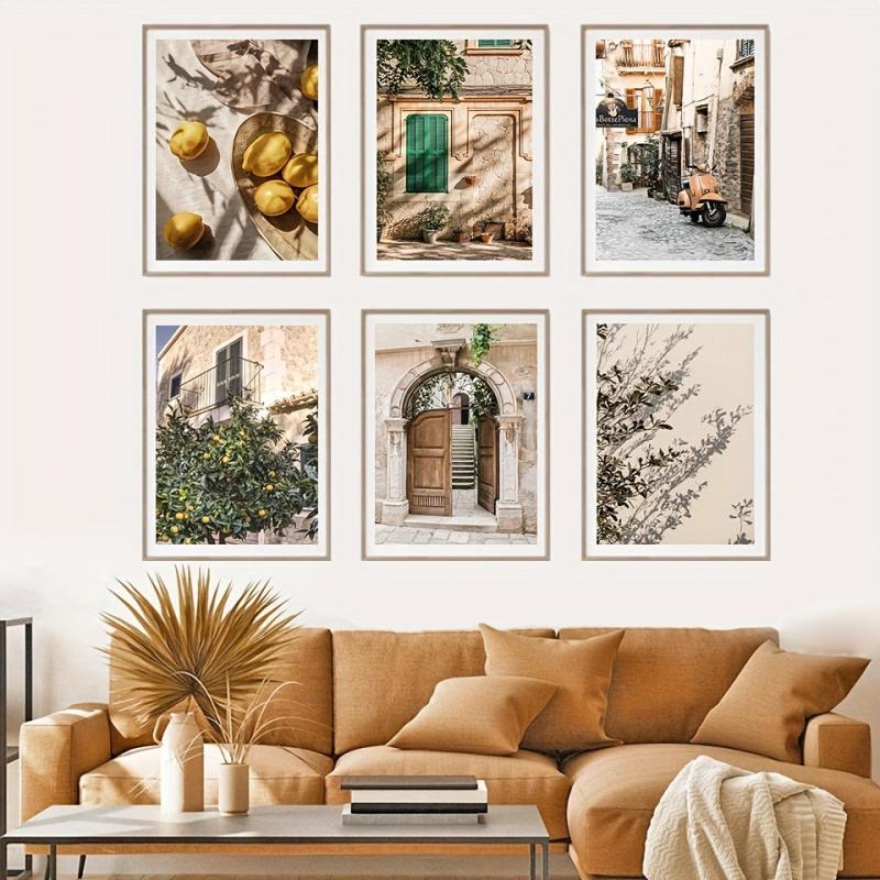 6pcs Lemon Orange Canvas Painting Italian Town Garden Plants The Tree Travel Pos