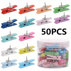 50 Colorful Push Pins & Wooden Clips for Photos & Messages