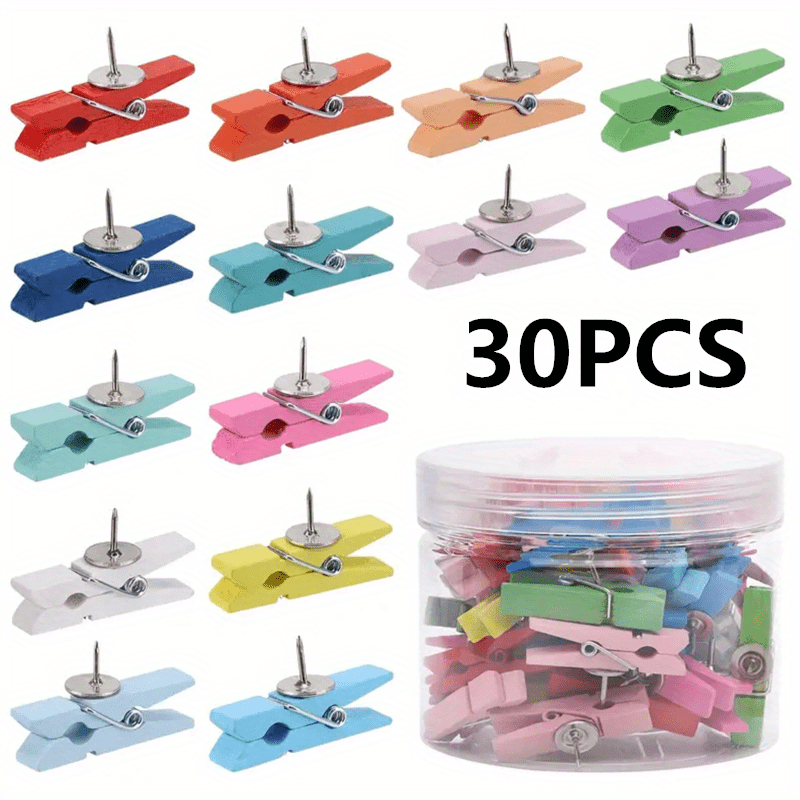 50 Colorful Push Pins & Wooden Clips for Photos & Messages