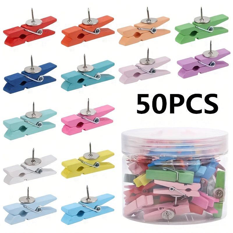 50 Colorful Push Pins & Wooden Clips for Photos & Messages