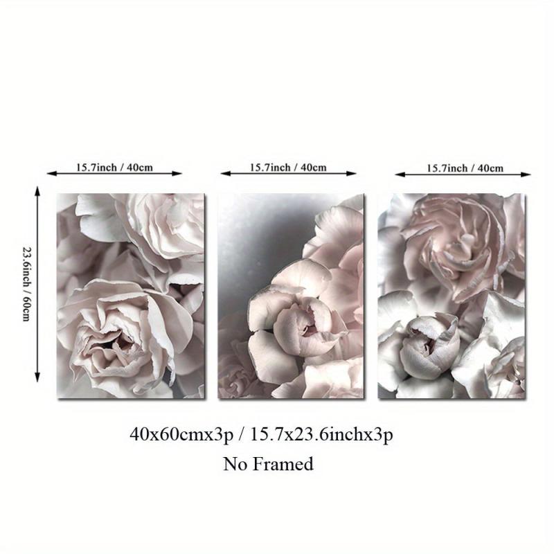 3pcs Nordic Ins Grey Pink Peony Canvas Art Posters Realistic Art Decor Painting