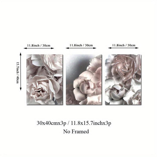 3pcs Nordic Ins Grey Pink Peony Canvas Art Posters Realistic Art Decor Painting