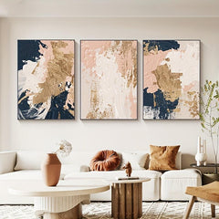 3pcs Nordic Abstract Hand Painted Canvas Print Pink Golden Tones Modern Art