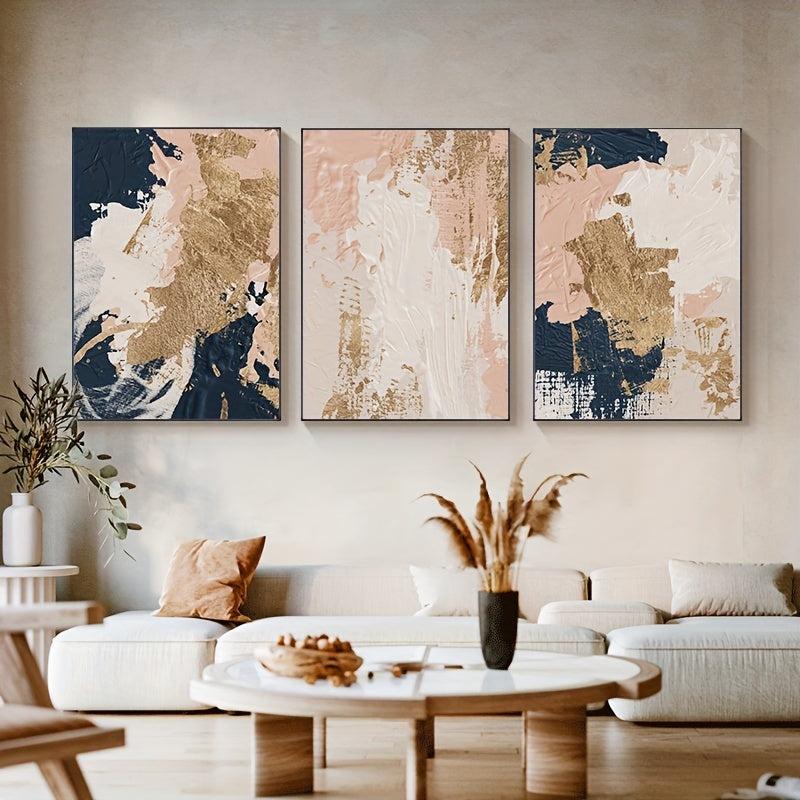 3pcs Nordic Abstract Hand Painted Canvas Print Pink Golden Tones Modern Art