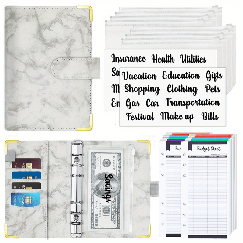 Budget Binder with Cash Envelopes & Expense Budget Sheets - Marble 6 Ring