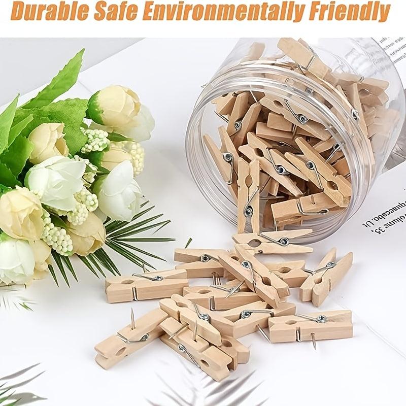 50PCS Wooden Push Pins With Clips for Cork Board Art Notes Photos