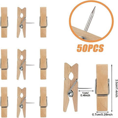 50PCS Wooden Push Pins With Clips for Cork Board Art Notes Photos