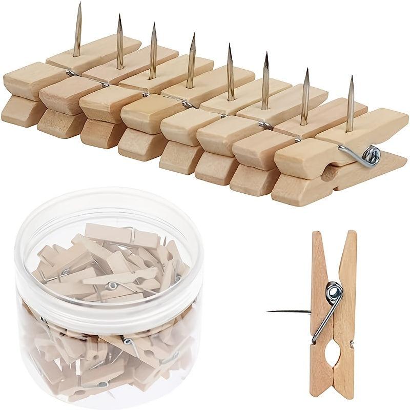 50PCS Wooden Push Pins With Clips for Cork Board Art Notes Photos