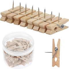 50PCS Wooden Push Pins With Clips for Cork Board Art Notes Photos