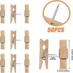 50PCS Wooden Push Pins With Clips for Cork Board Art Notes Photos