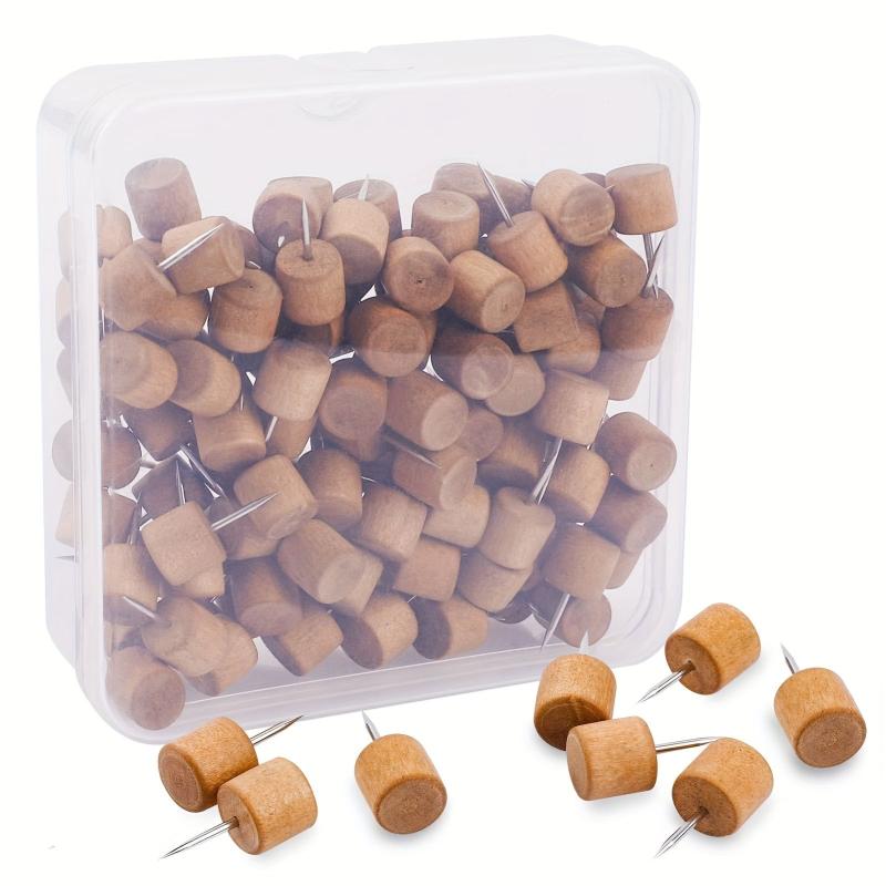 50pcs Wooden Push Pins Brown Wood Thumb Tacks Box Decorative for Bulletin Board