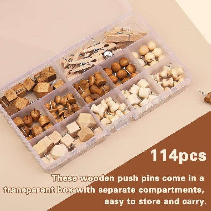 114pcs Wooden Push Pins Decorative Thumb Tacks Wood Map Tacks Marking Pin