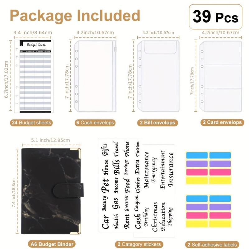 39pcs Budget Binder PU Leather Money Organizer Cash Bills Coupons Cards