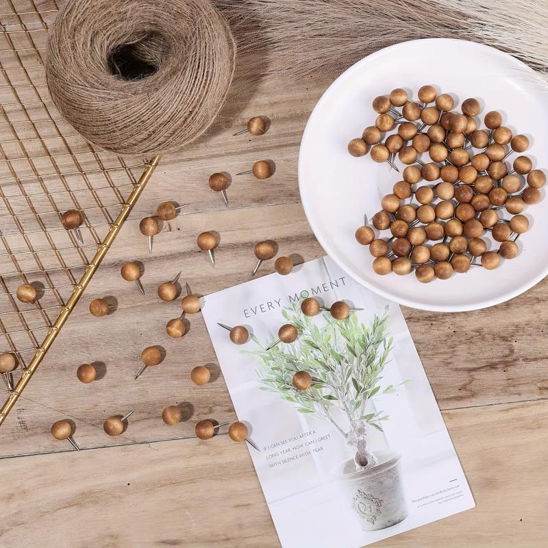 50pcs Brown Wooden Push Pins Thumb Tacks For Cork Board Round Head Map Pins