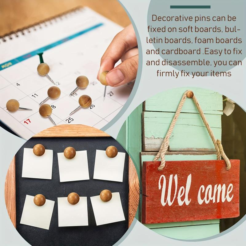 50pcs Brown Wooden Push Pins Thumb Tacks For Cork Board Round Head Map Pins