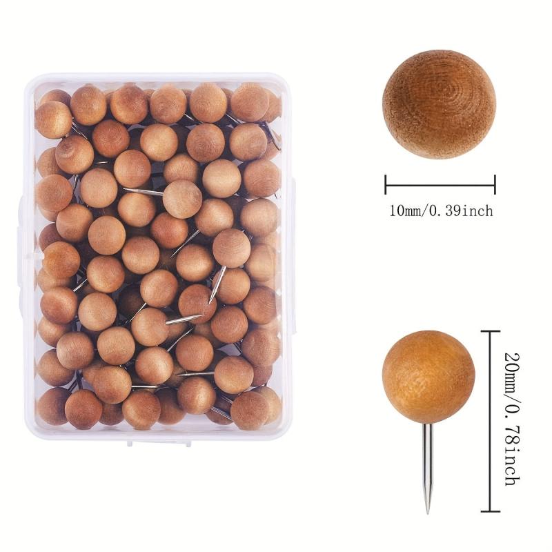 50pcs Brown Wooden Push Pins Thumb Tacks For Cork Board Round Head Map Pins