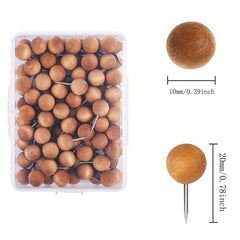 50pcs Brown Wooden Push Pins Thumb Tacks For Cork Board Round Head Map Pins