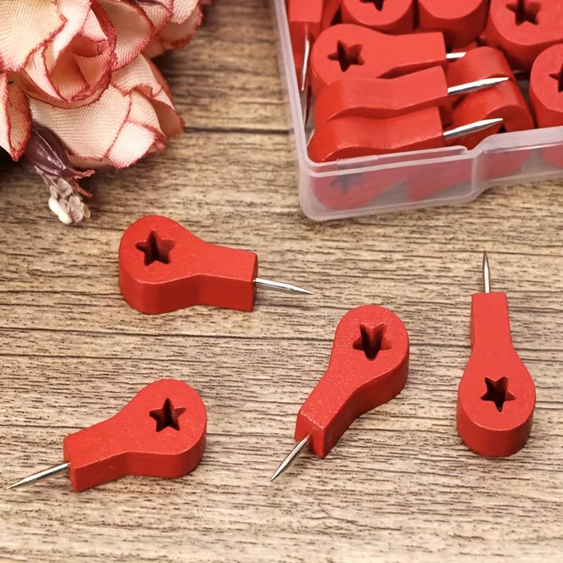 30pcs Red Wood Push Pins Geo Sign Cork Board Decor Office Supplies