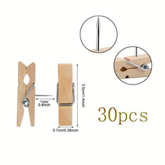 30pcs Wooden Push Pins with Clips Decorative Thumbtacks for Cork Board