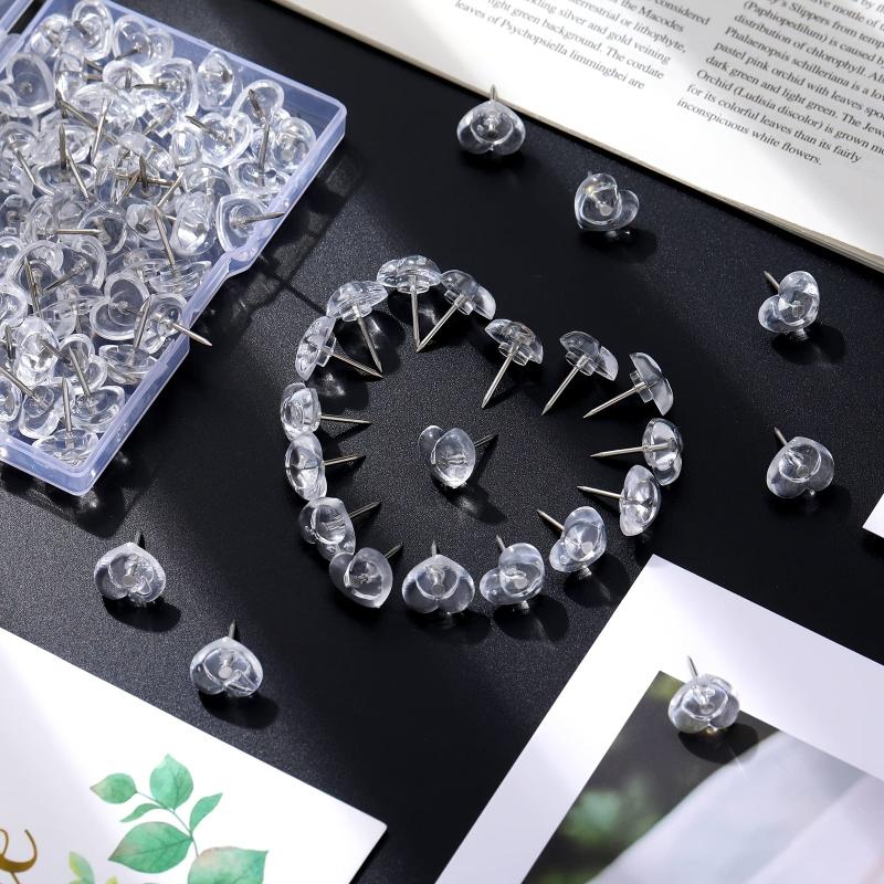 50 Clear Heart Push Pins for Cork Board Decorative Thumb Tacks for Office School