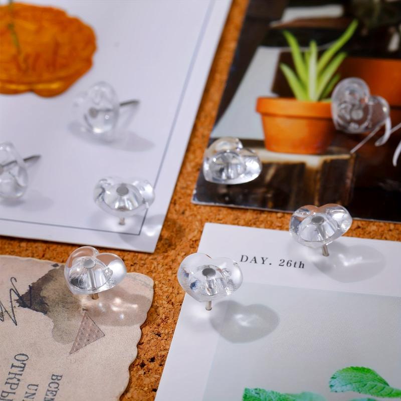 50 Clear Heart Push Pins for Cork Board Decorative Thumb Tacks for Office School