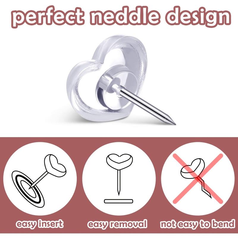 50 Clear Heart Push Pins for Cork Board Decorative Thumb Tacks for Office School