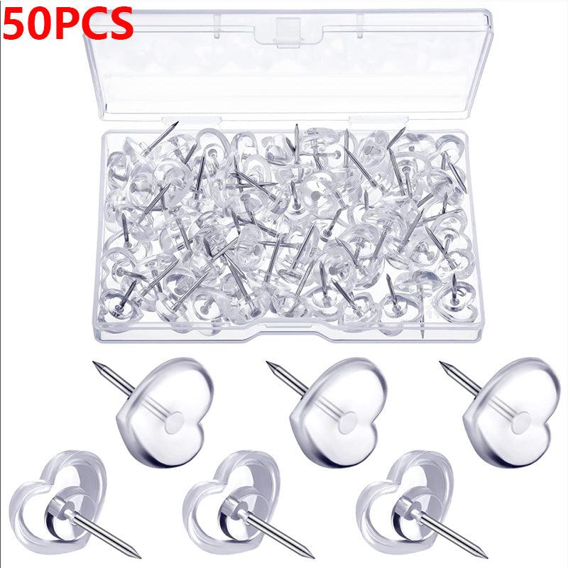 50 Clear Heart Push Pins for Cork Board Decorative Thumb Tacks for Office School