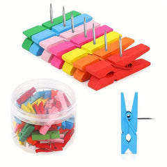 50 Colorful Wooden Thumbtacks with Clips for Artwork & Crafts