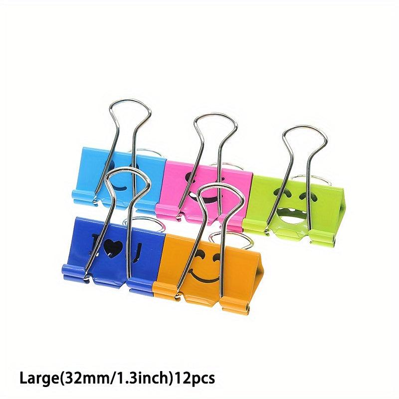 Colorful Binder Clips 12pcs Metal Fun Clamps w/ Smile Face Assorted