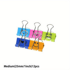 Colorful Binder Clips 12pcs Metal Fun Clamps w/ Smile Face Assorted