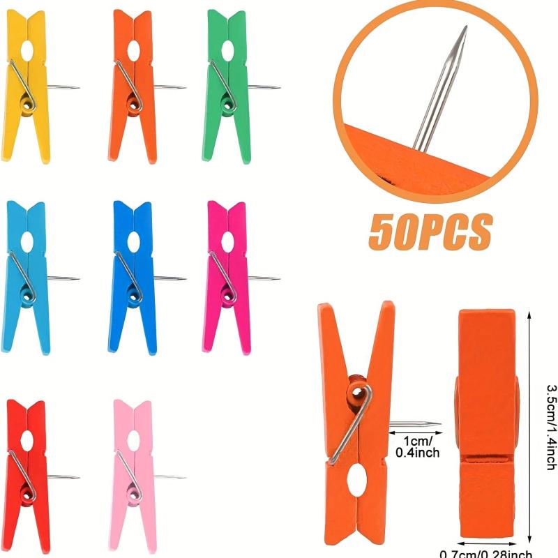 50pcs Wooden Clip Pushpins Durable Softwood Office Home Decor Craft Projects