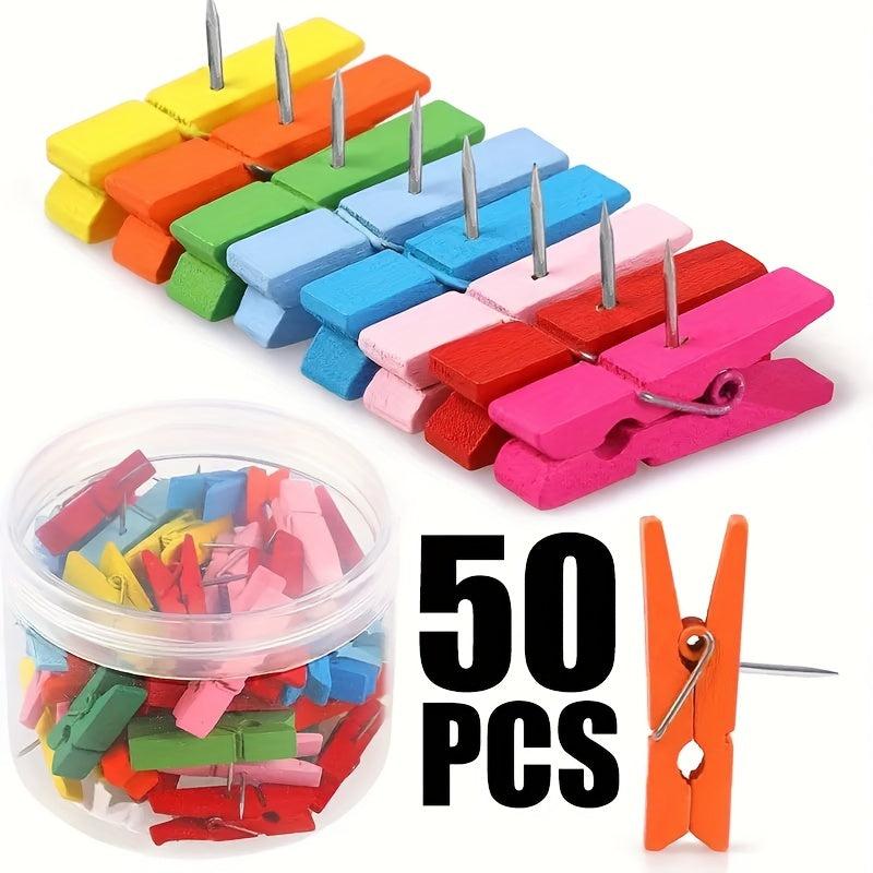 50pcs Colorful Wooden Clip Push Pins Decorative Art Office Handicraft