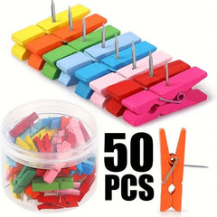 50pcs Colorful Wooden Clip Push Pins Decorative Art Office Handicraft