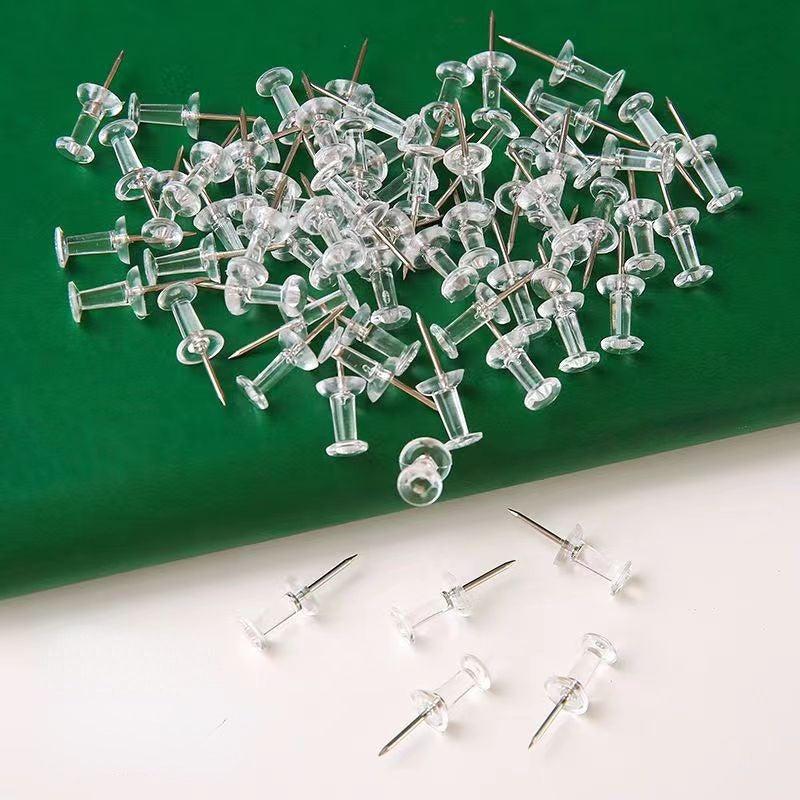50 Pcs Clear Silver Thumbtack Tacks Box Plastic Heads Steel Pins for Home Office