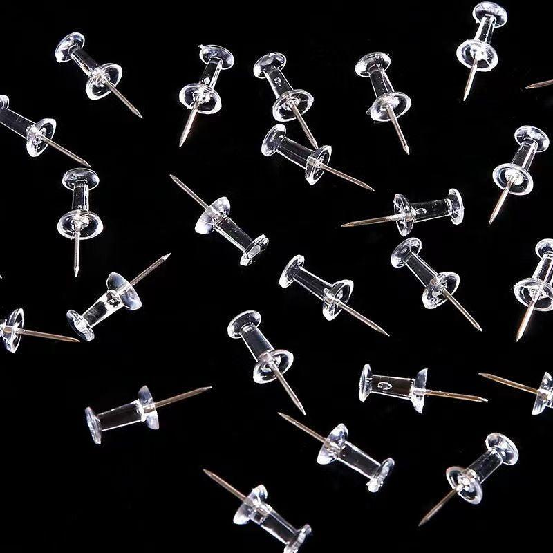50 Pcs Clear Silver Thumbtack Tacks Box Plastic Heads Steel Pins for Home Office