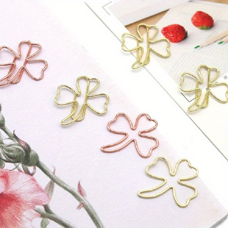 6pcs Metal Clover Shape Paper Clips Rose Golden And Yellow Golden Paperclips