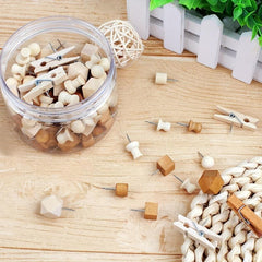 120 Wooden Thumb Tacks Push Pins in 7 Shapes for Cork Board Decor