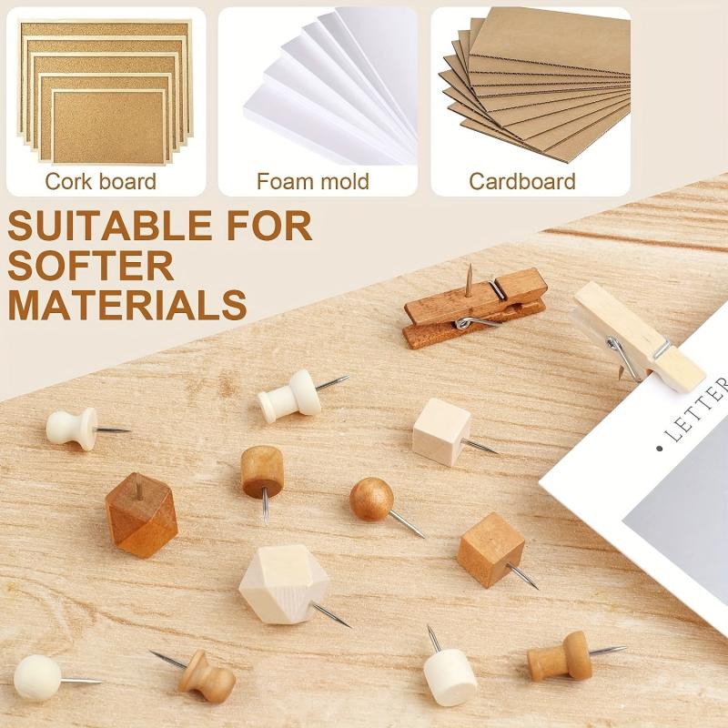 120 Wooden Thumb Tacks Push Pins in 7 Shapes for Cork Board Decor