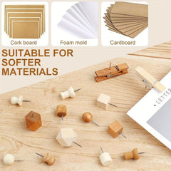 120 Wooden Thumb Tacks Push Pins in 7 Shapes for Cork Board Decor