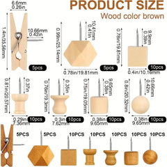 120 Wooden Thumb Tacks Push Pins in 7 Shapes for Cork Board Decor