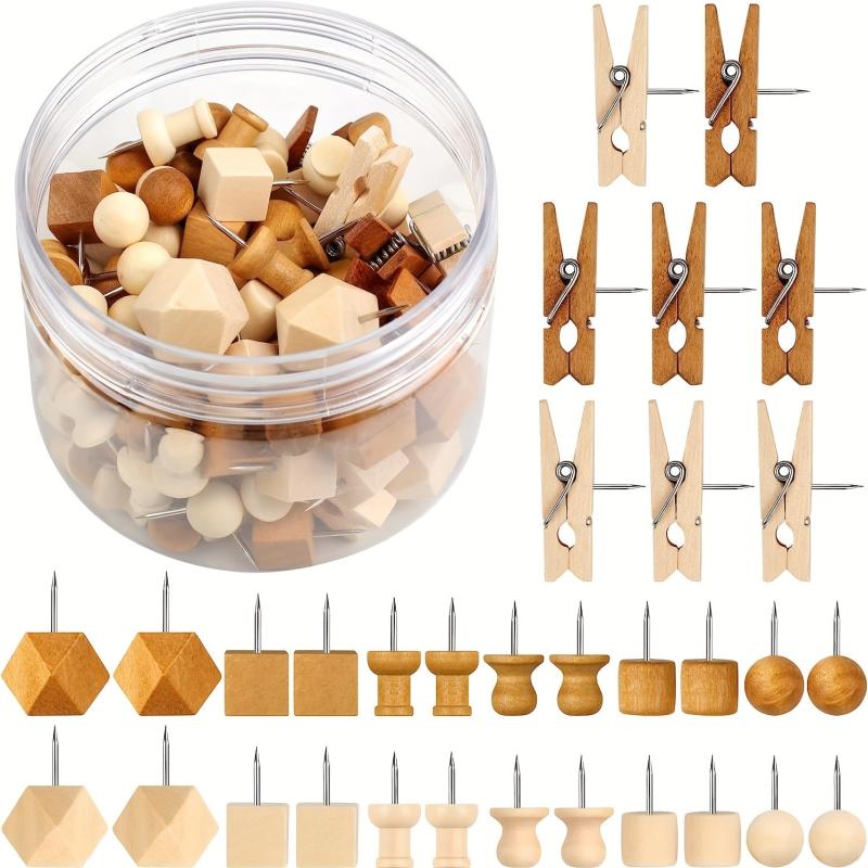 120 Wooden Thumb Tacks Push Pins in 7 Shapes for Cork Board Decor