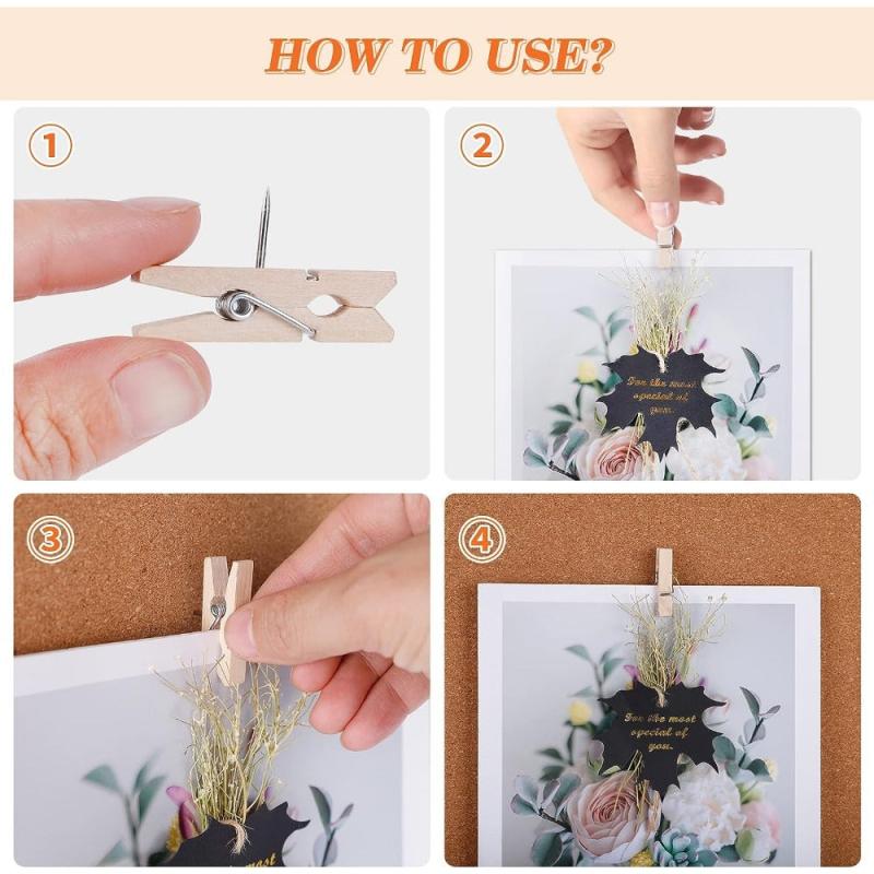 50pcs Wooden Push Pins with Clips for Cork Board Decorative Thumb Tacks