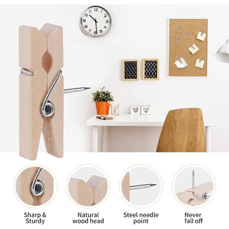 50pcs Wooden Push Pins with Clips for Cork Board Decorative Thumb Tacks