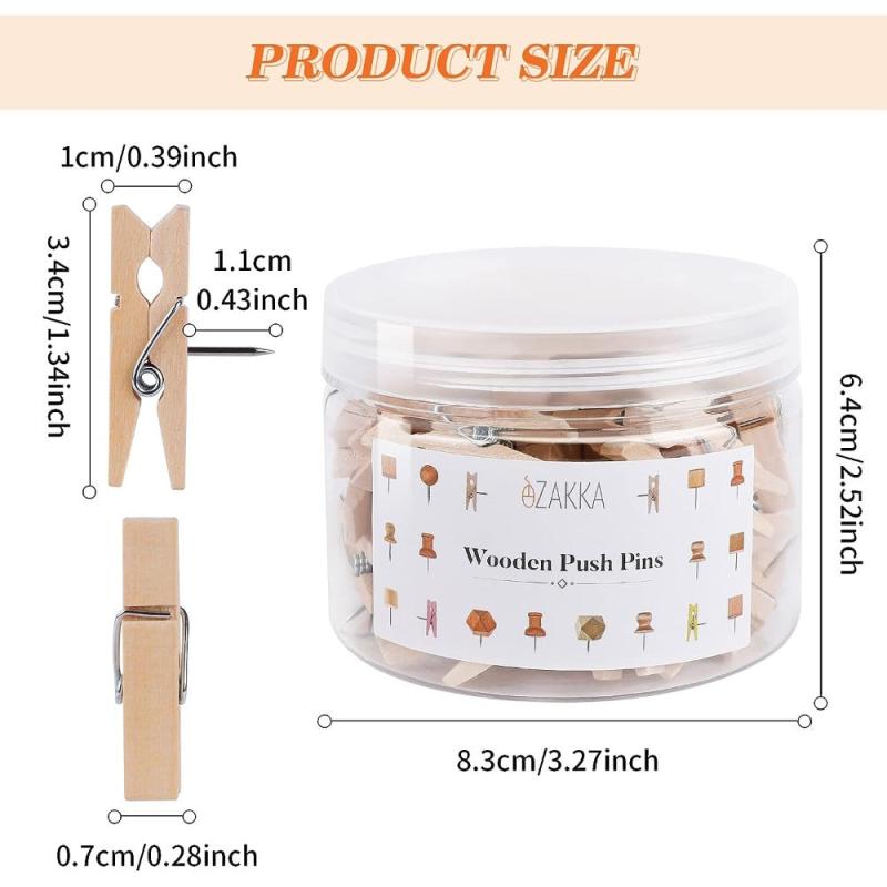 50pcs Wooden Push Pins with Clips for Cork Board Decorative Thumb Tacks